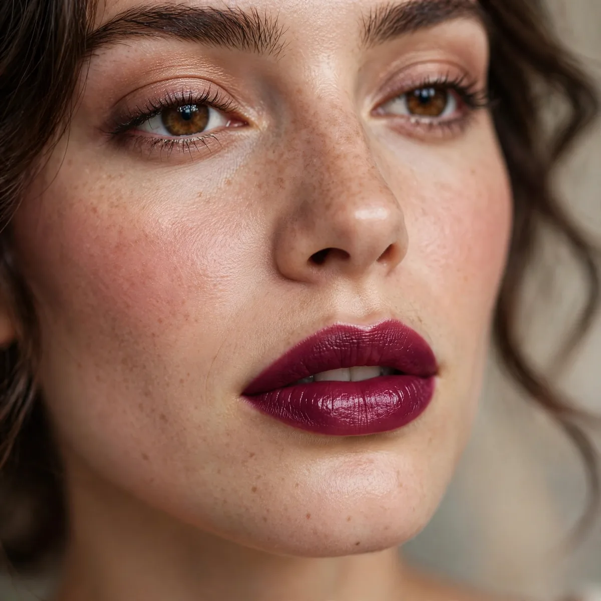 Close-up of berry lip statement showing a rich berry lipstick, flawlessly blended