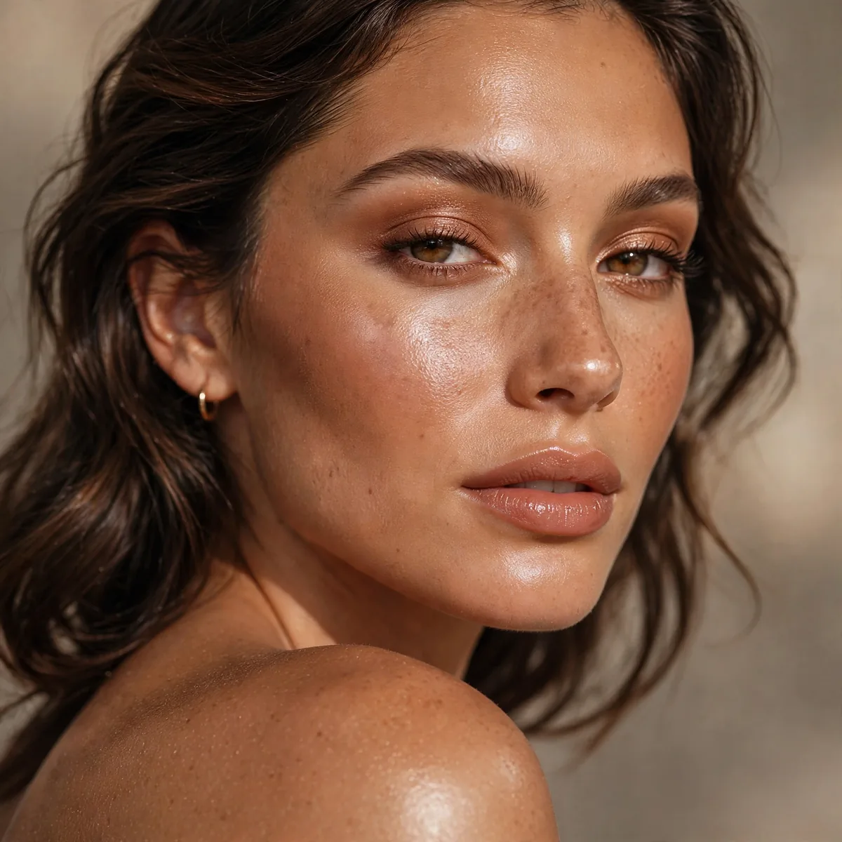 Three-quarter view of sun-kissed bronzed look with a bronzed dewy finish under studio lighting
