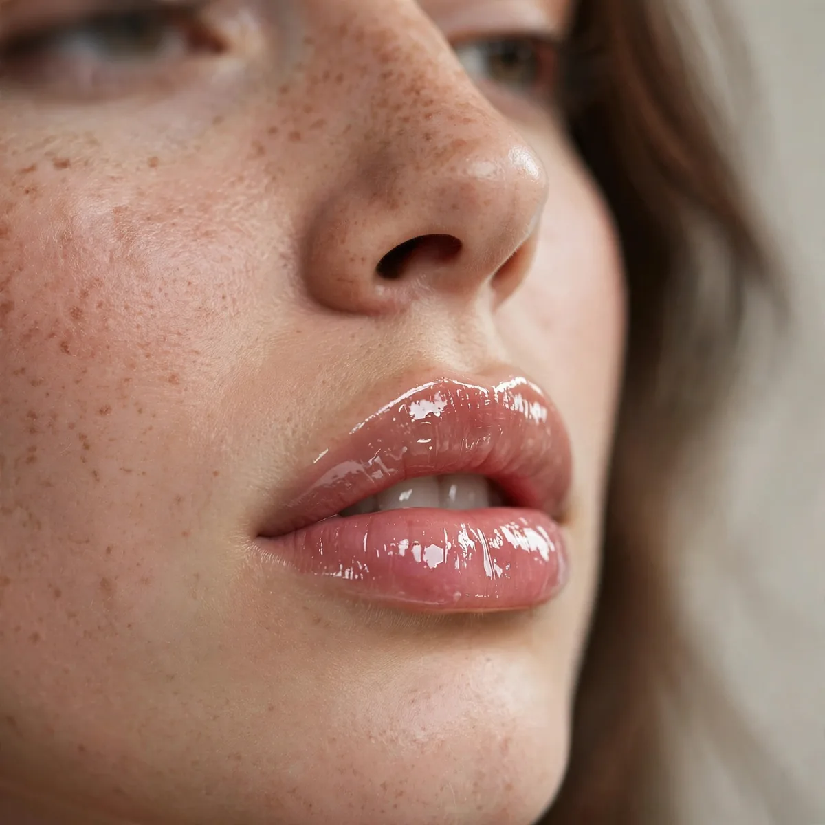 Three-quarter view of glossy lip focus with a high-shine clear gloss under studio lighting