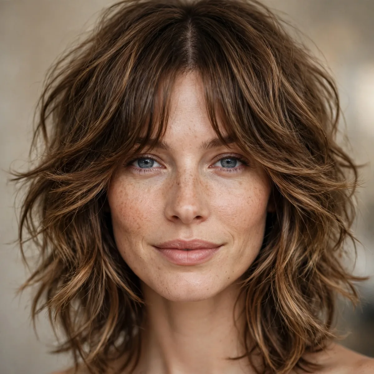 Classic shag haircut with curtain bangs and layered ends