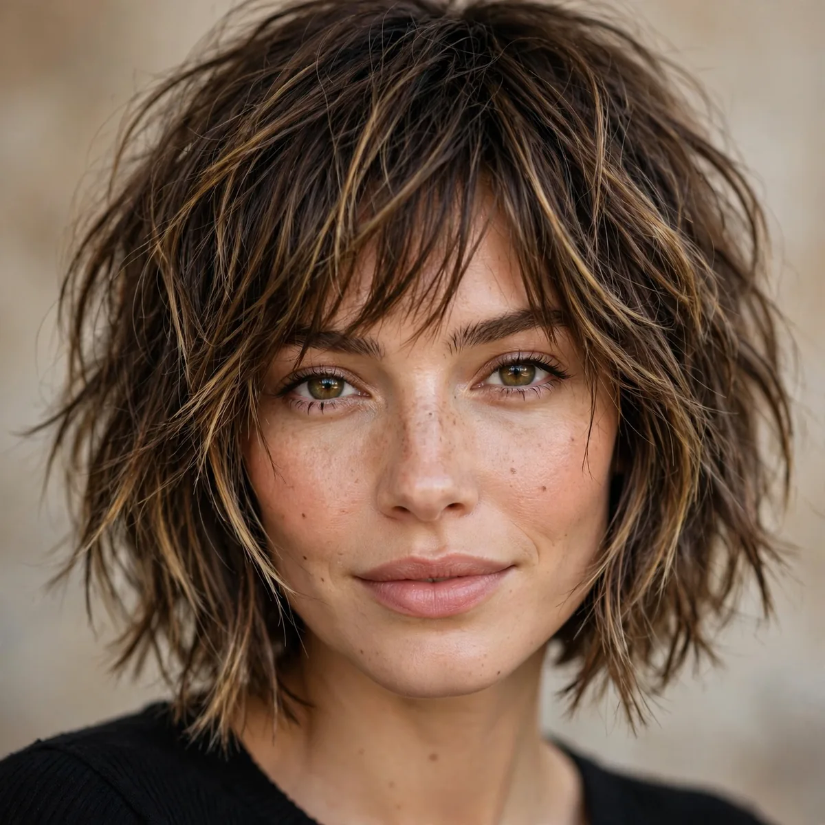 Chin-length choppy shag bob with textured layers