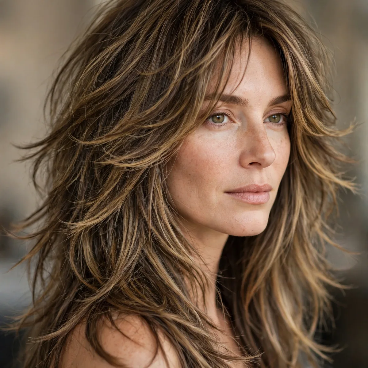 Long shag haircut with feathered layers past the shoulders
