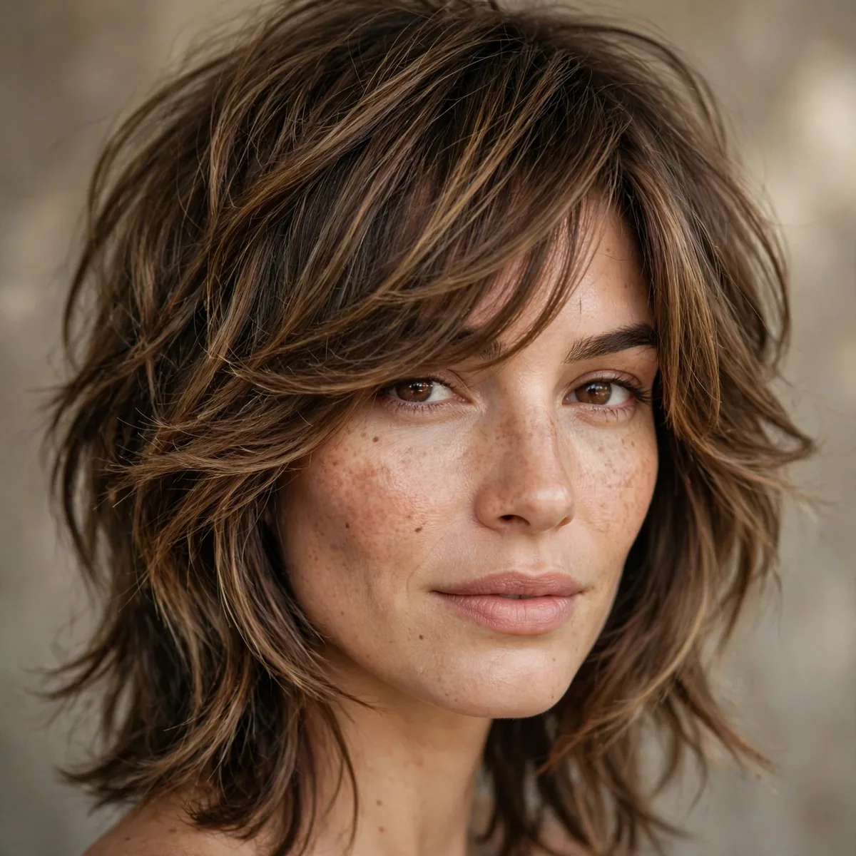 Shag haircut with side-swept bangs and textured layers