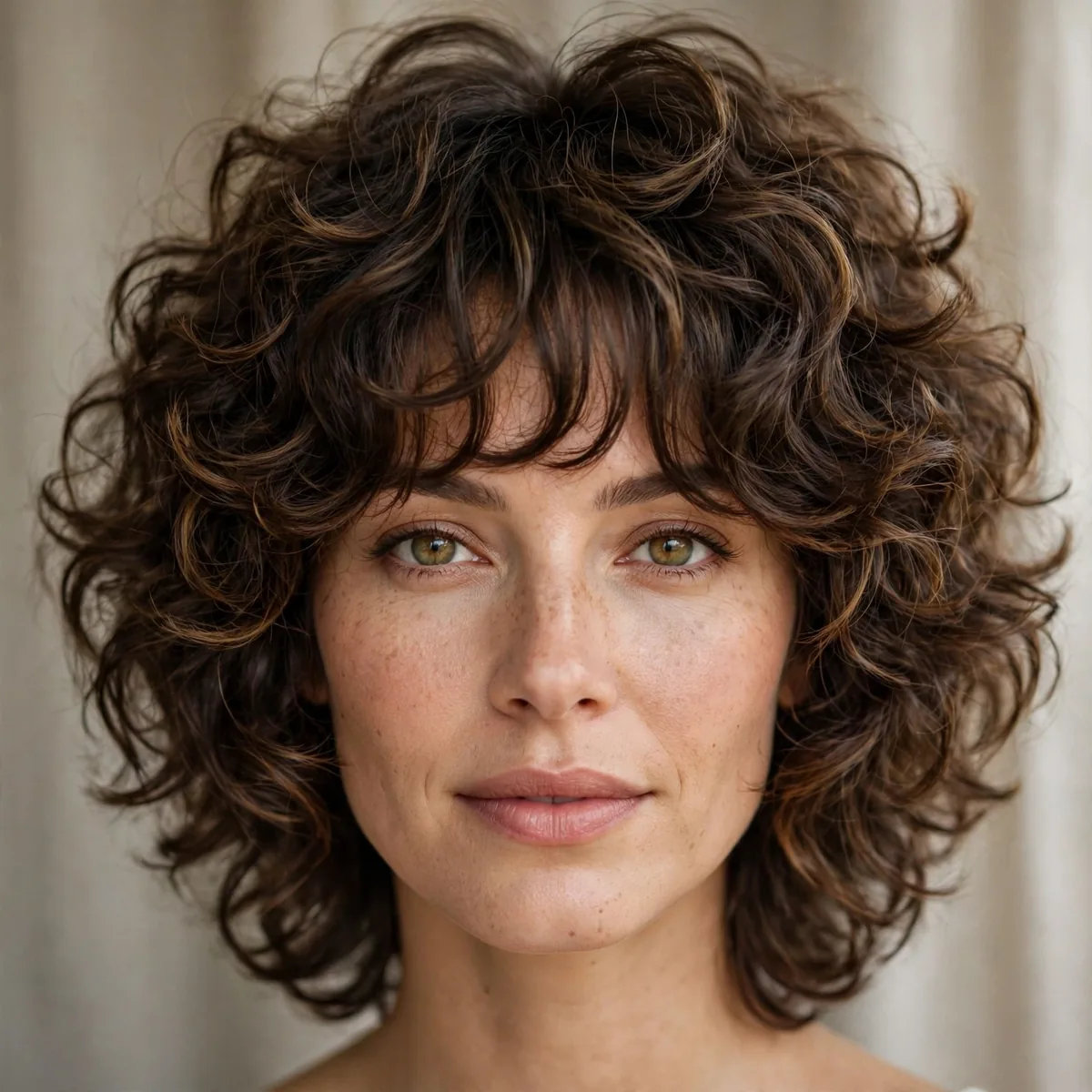 Voluminous curly shag haircut with rounded layers