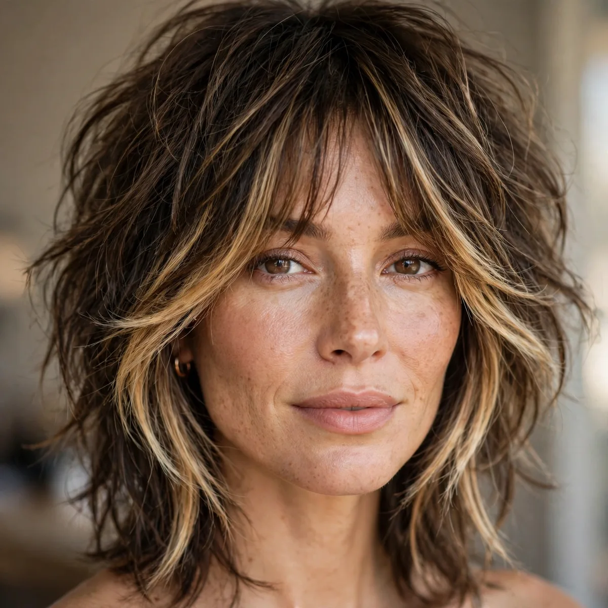 Shag haircut with face-framing balayage highlights