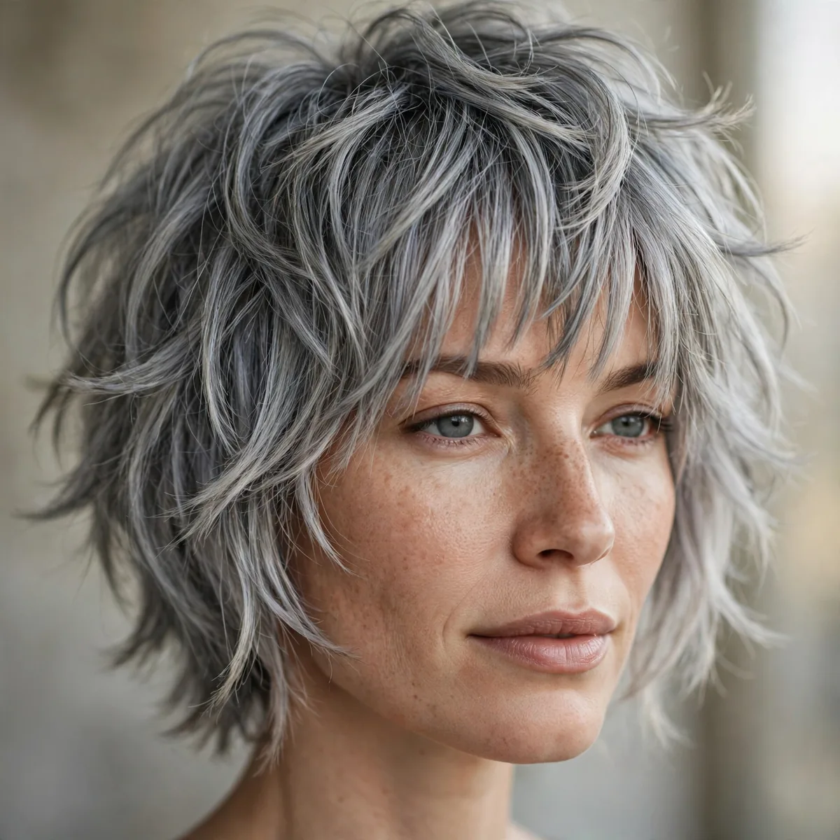 Silver grey shag haircut with textured layers