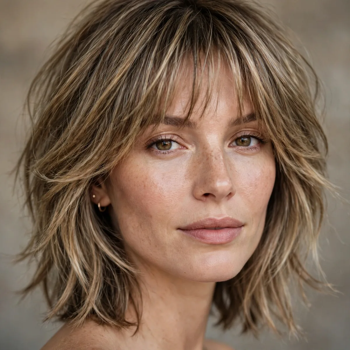 Shoulder-length shag with soft layers and bangs