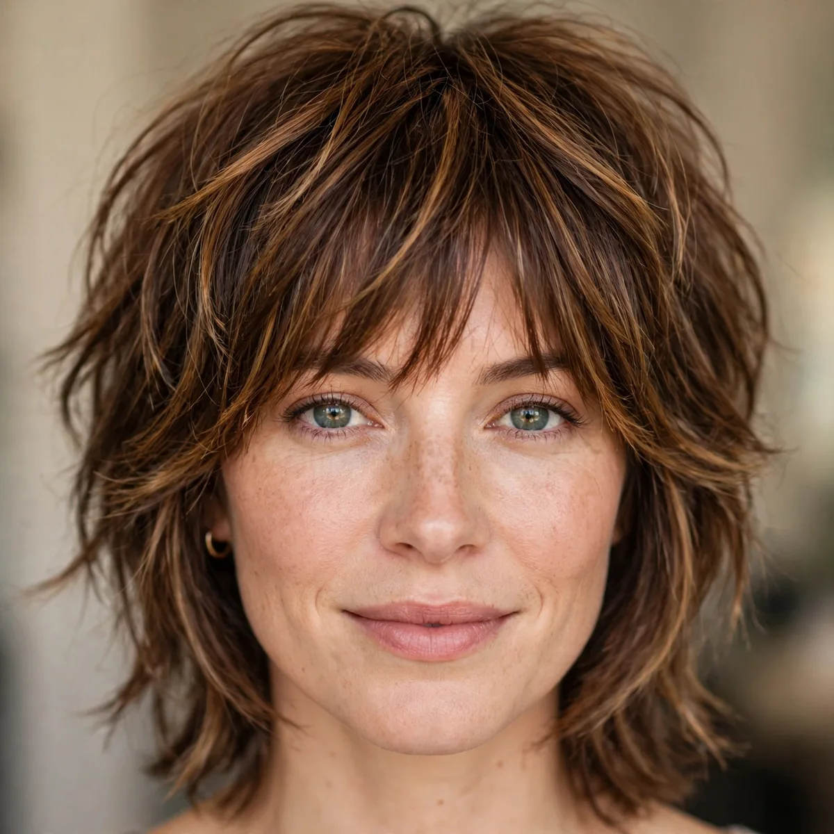 Brown shag haircut with caramel highlights
