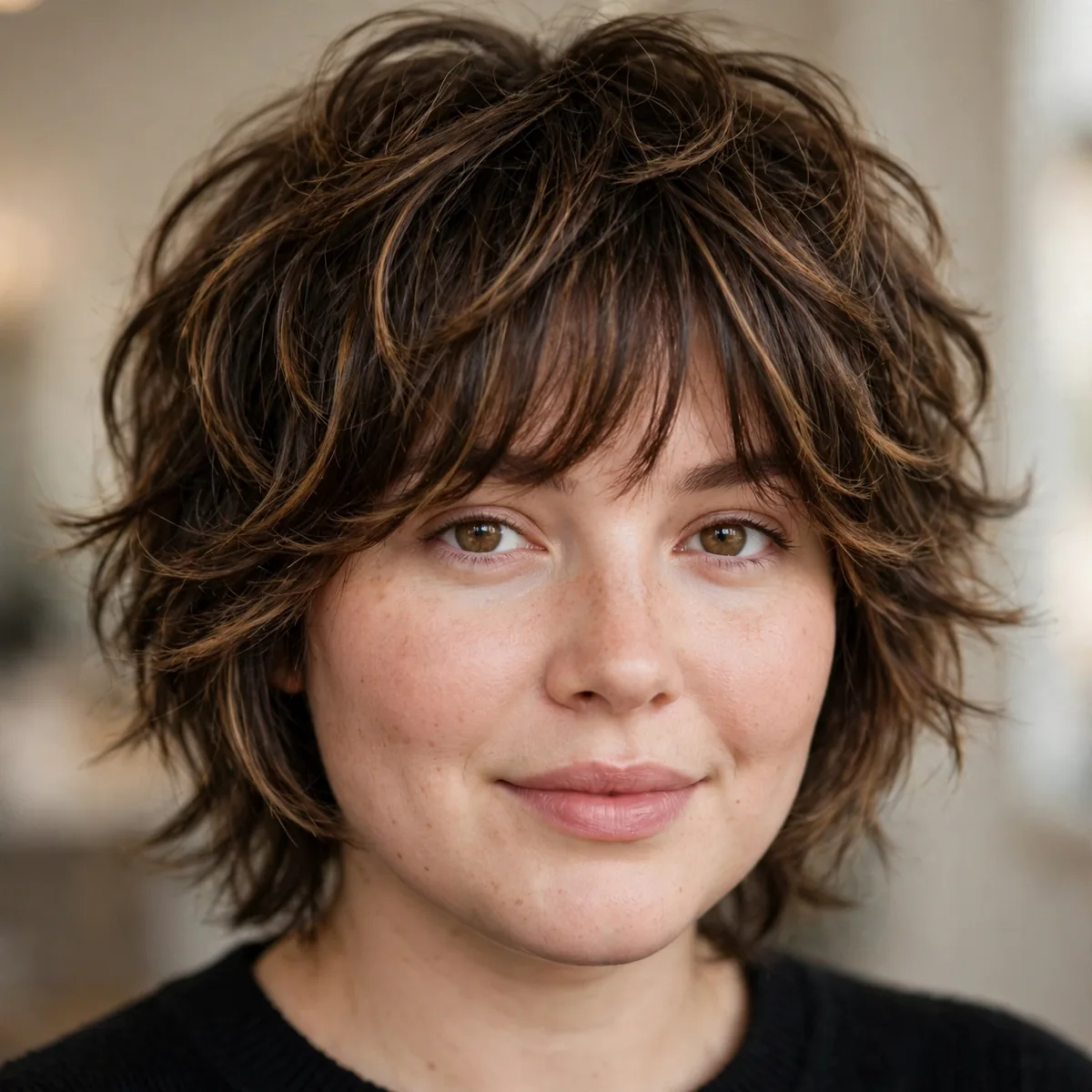 Layered shag haircut flattering a round face