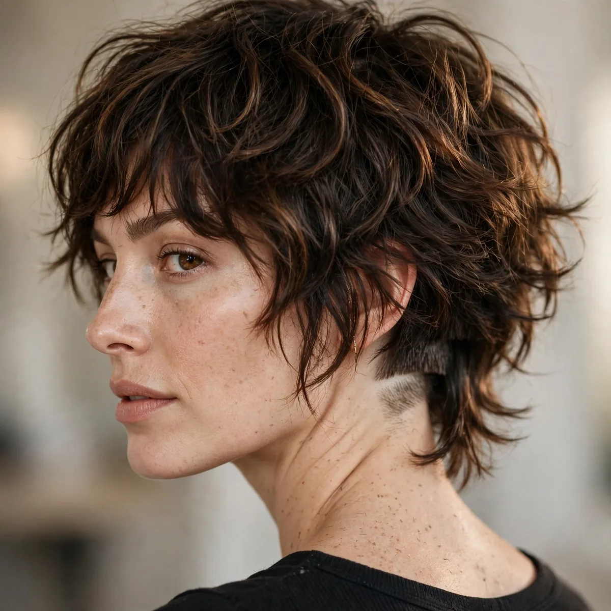 Shag haircut with hidden undercut at the nape
