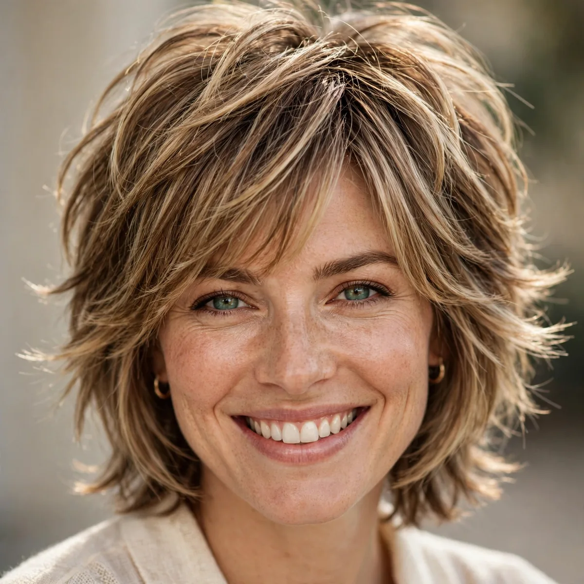 Woman smiling with classic layered shag, feathered layers through the crown visible in daylight