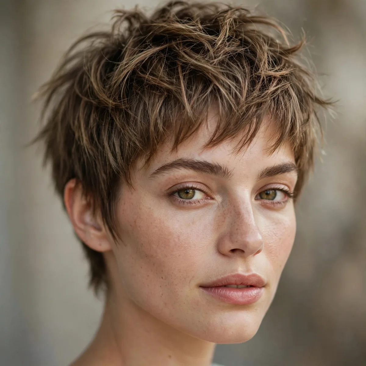 Woman wearing shaggy pixie crop with choppy texture on top, photographed in soft natural light