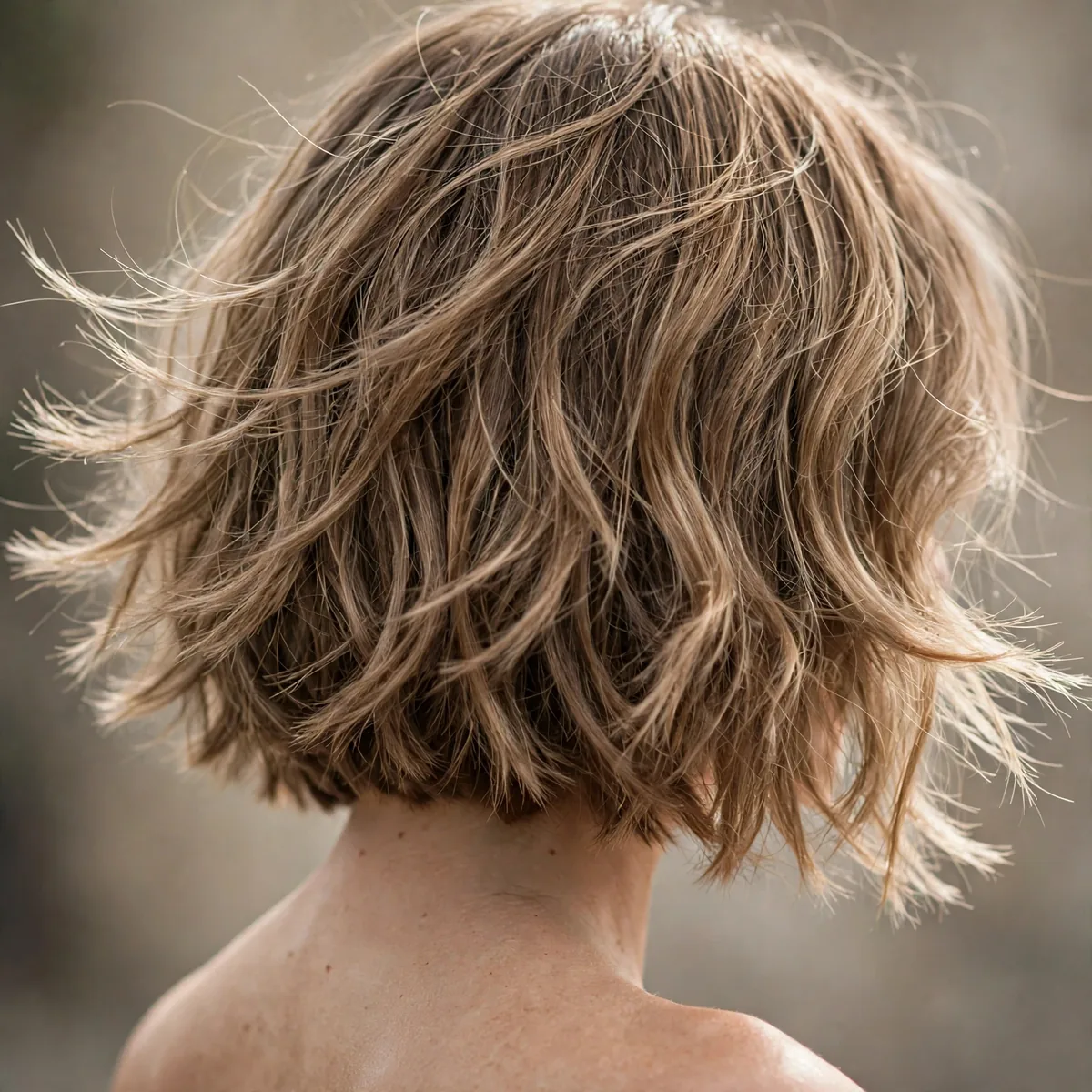Back view of feathered shag bob highlighting feathered ends flicking outward and natural movement