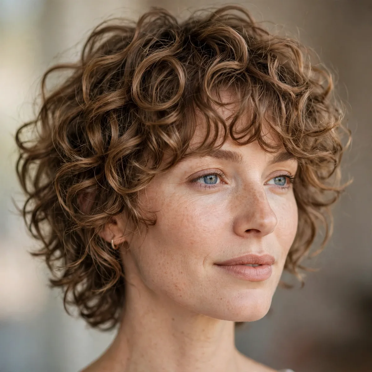 Woman wearing curly shag with springy curls cut in layers, photographed in soft natural light
