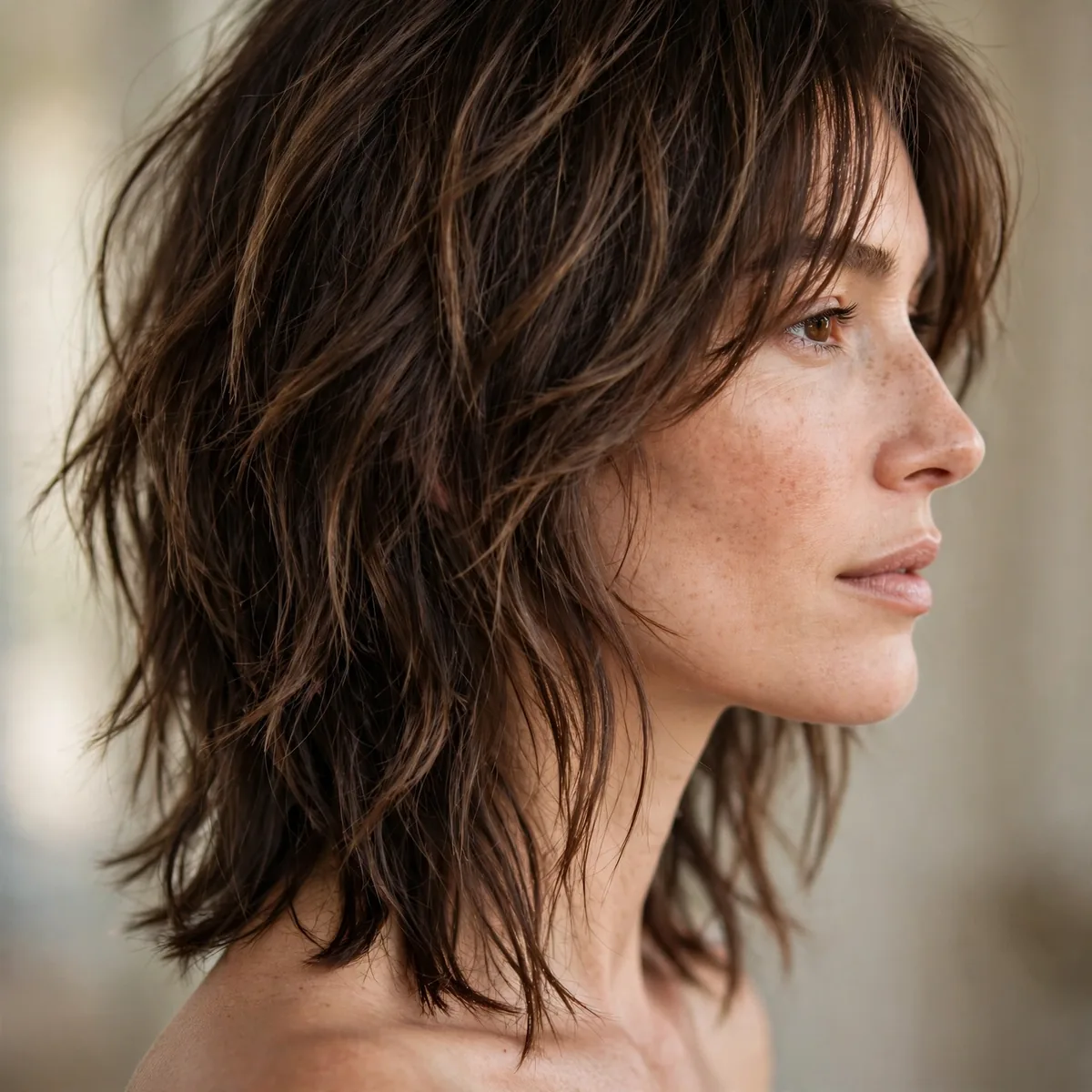 Side profile of woman with choppy lob shag featuring choppy ends at the collarbone