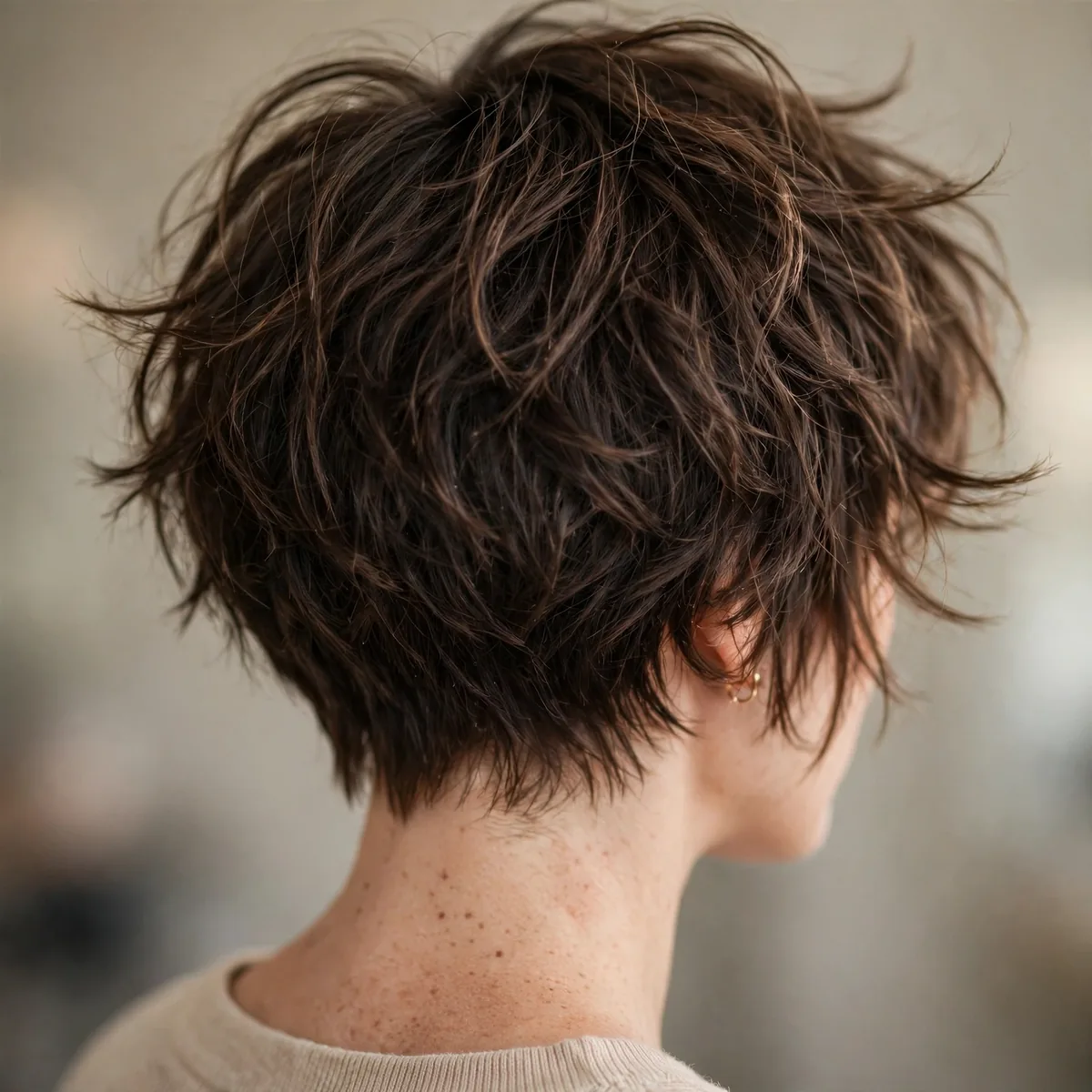 Back view of short sassy shag highlighting a bold cropped silhouette and natural movement