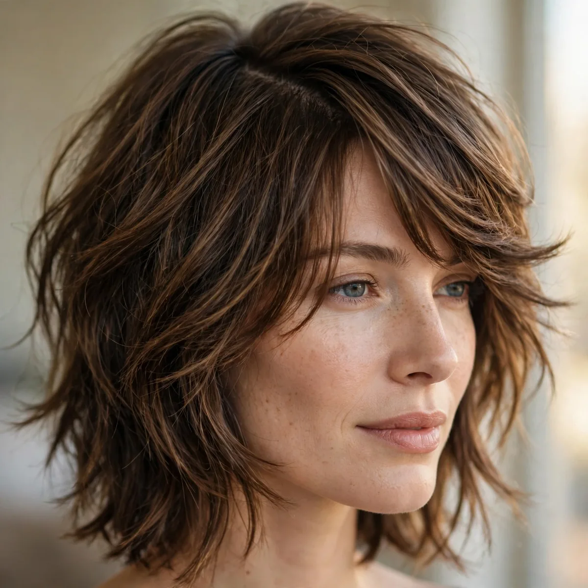 Woman wearing shag with side-swept bangs with a deep side part, photographed in soft natural light