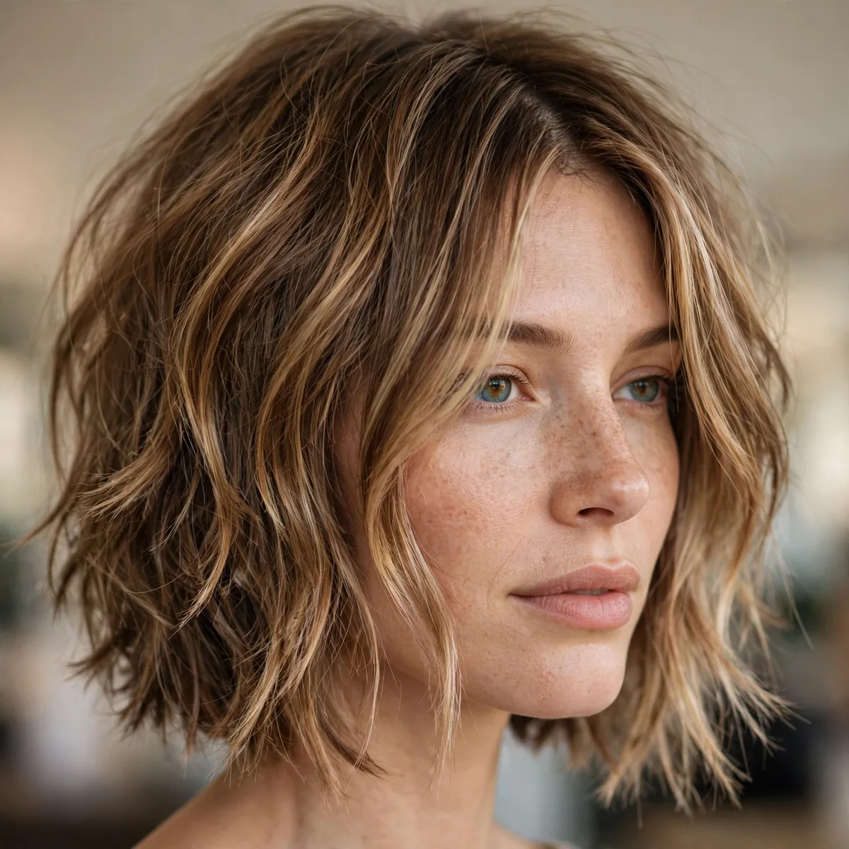 Close-up of shaggy bob with face-framing layers showing cheekbone-grazing front layers and textured ends