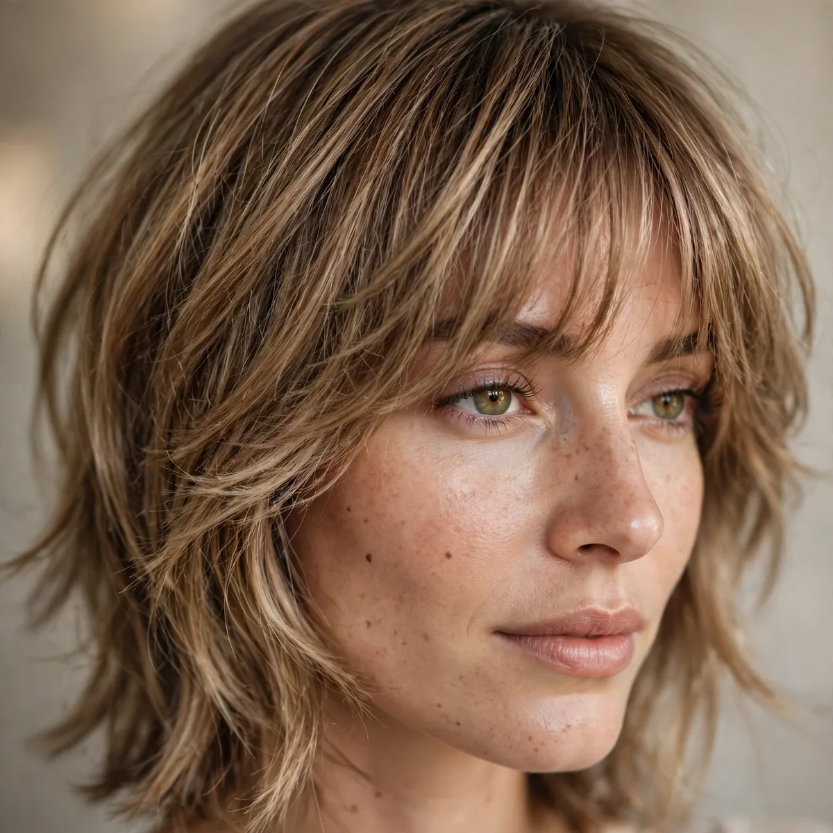Close-up of soft shag with blended bangs showing seamlessly blended fringe and textured ends