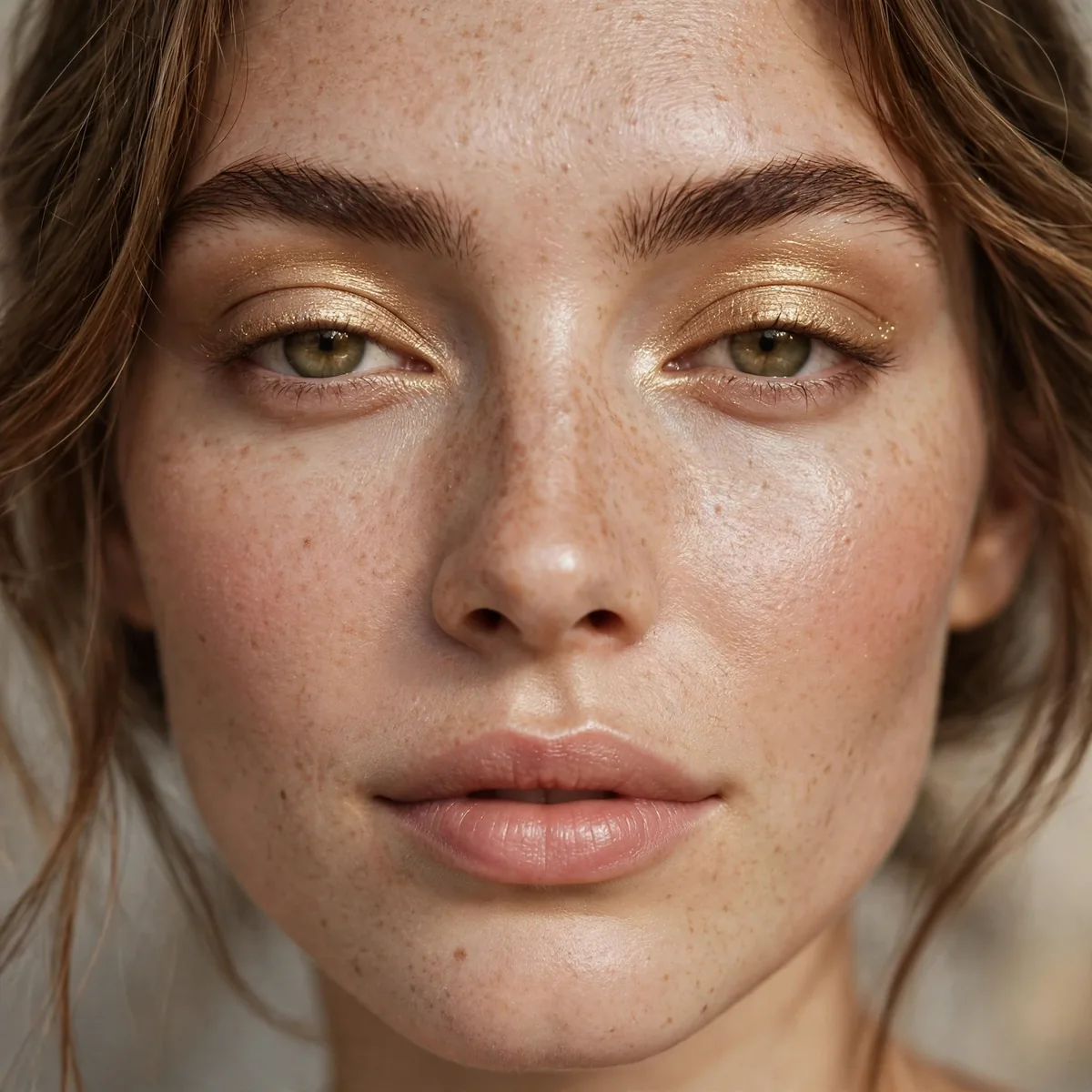 Soft gold shimmer eyeshadow on lids