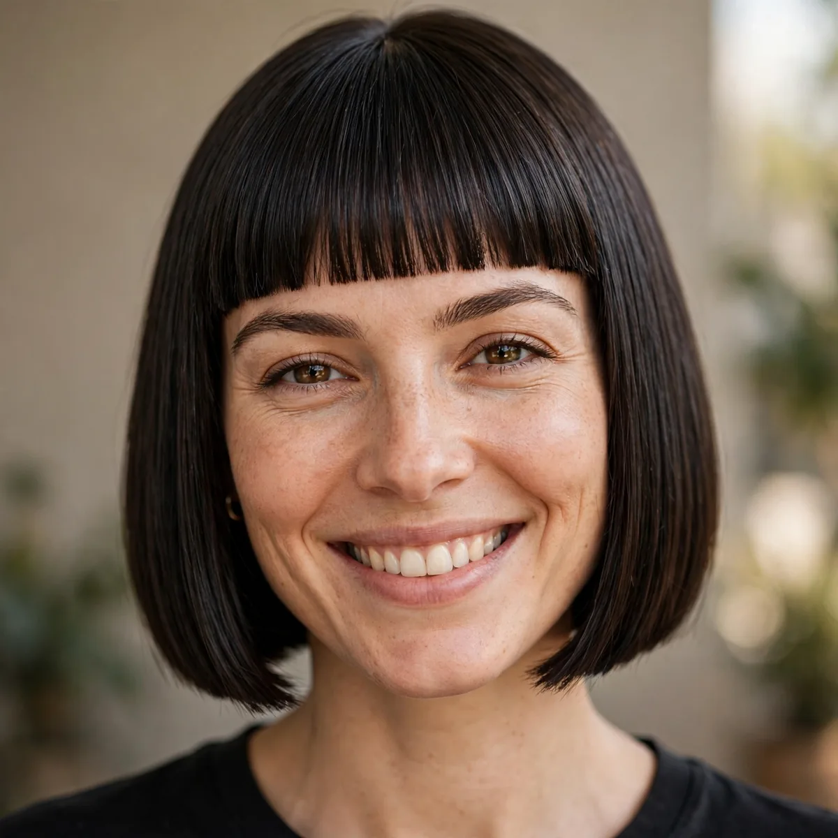 Woman smiling with classic blunt bob with straight bangs, a razor-sharp blunt perimeter visible in daylight