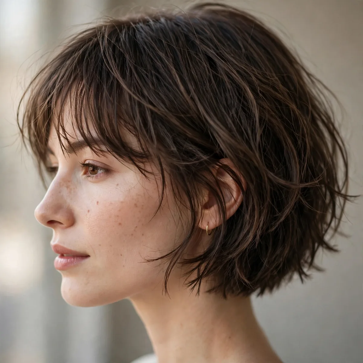Side profile of woman with textured bob with wispy bangs featuring soft shattered ends