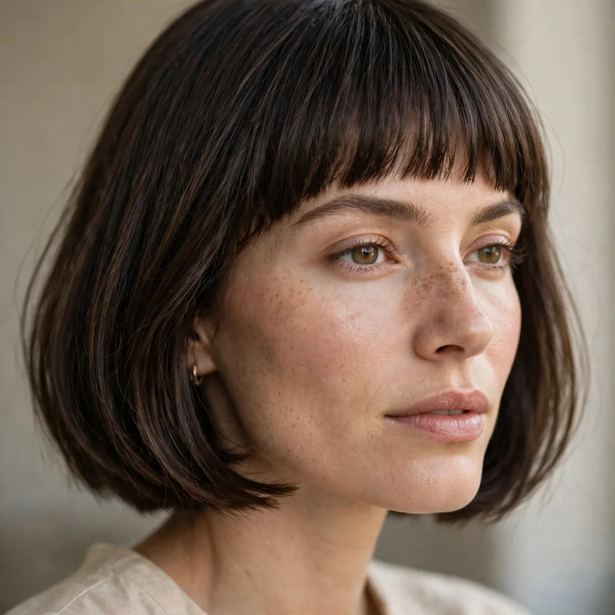 Woman wearing french bob with micro bangs with a jaw-grazing Parisian length, photographed in soft natural light