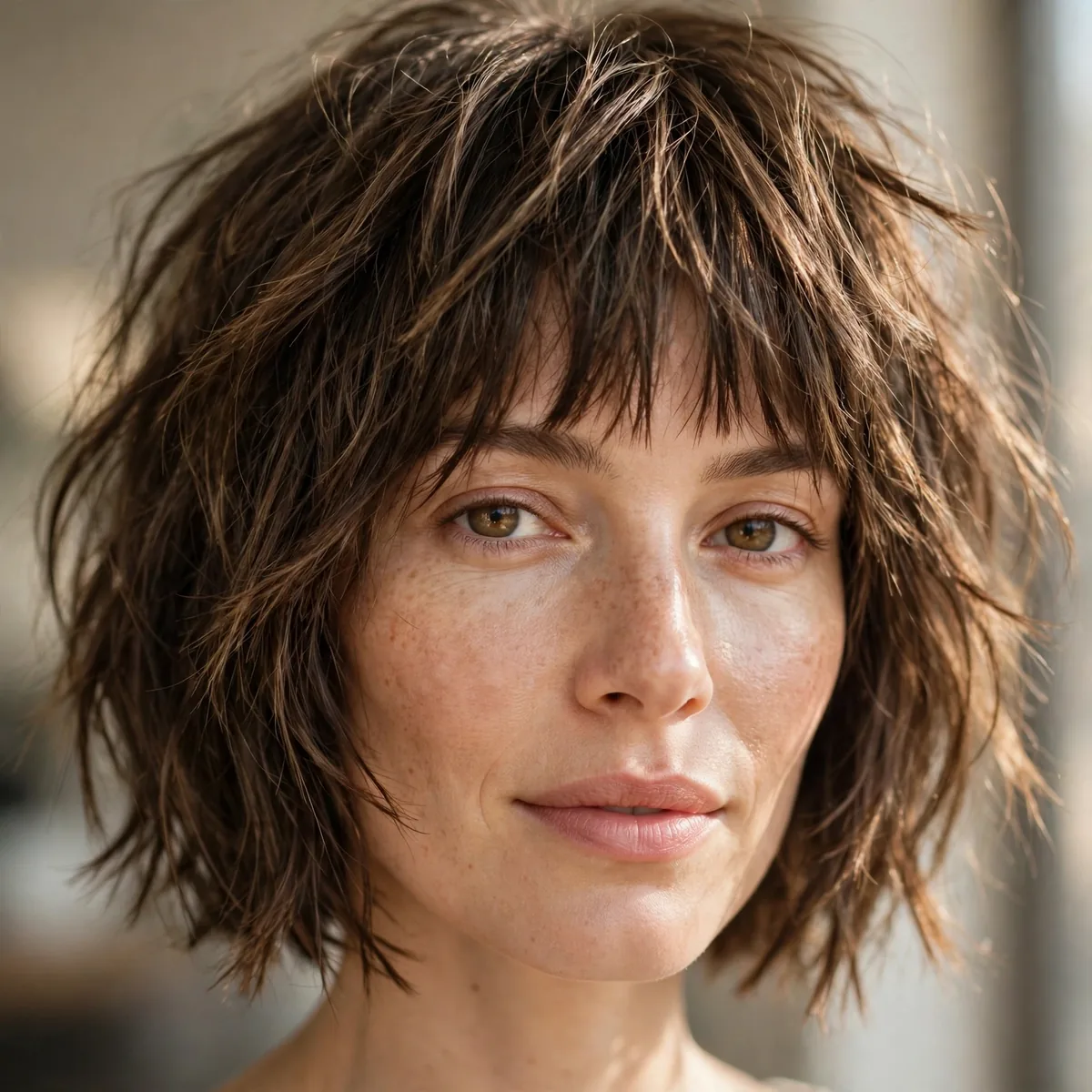 Woman wearing choppy bob with choppy bangs with piecey choppy layers, photographed in soft natural light