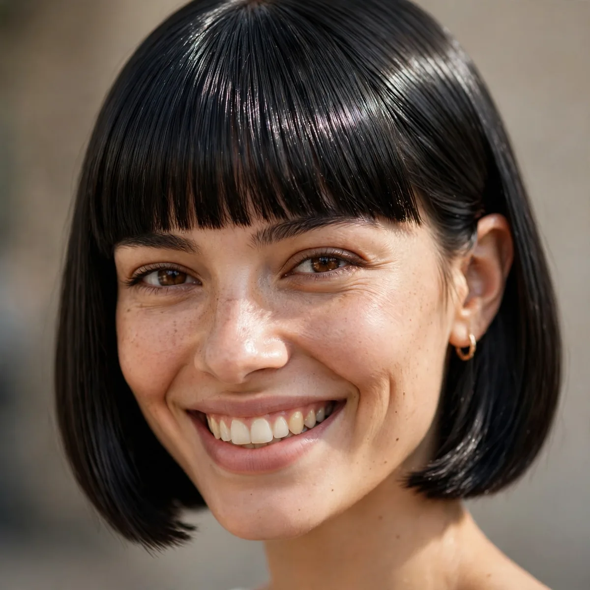 Woman smiling with sleek glass bob with blunt bangs, a mirror-shine sleek finish visible in daylight