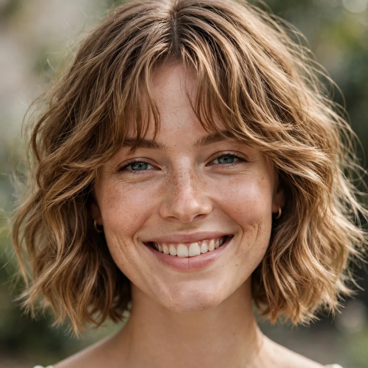 Woman smiling with wavy bob with curtain bangs, loose tousled waves visible in daylight