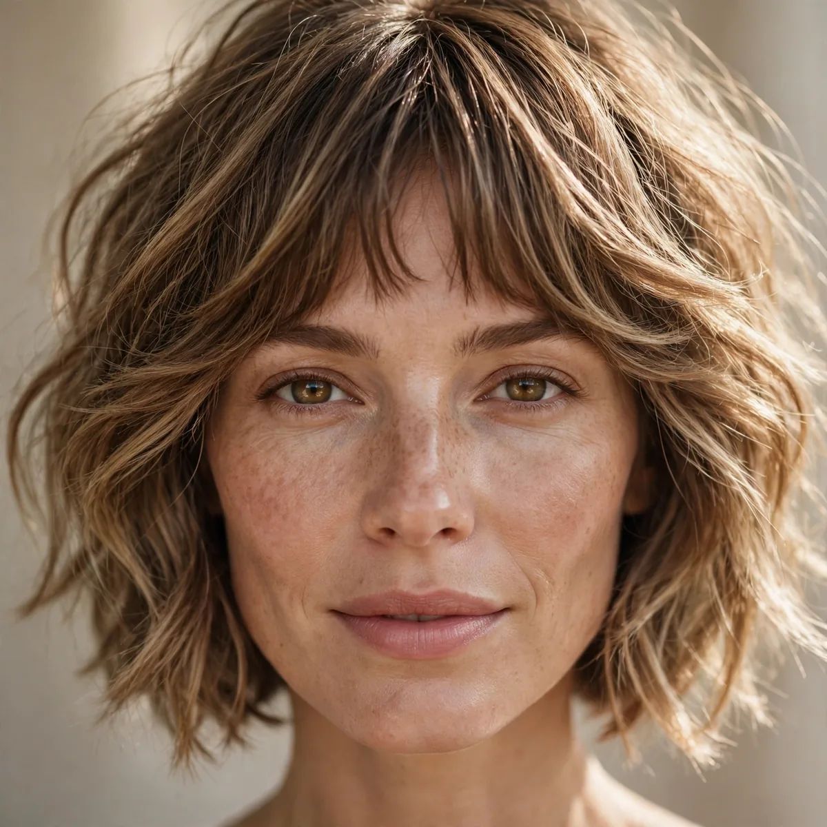 Woman wearing tousled bob with bottleneck bangs with effortless tousled texture, photographed in soft natural light
