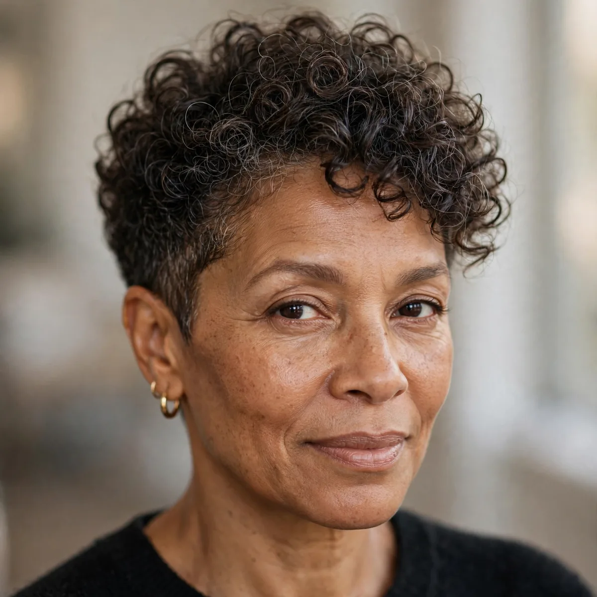 Tapered curly haircut on mature woman
