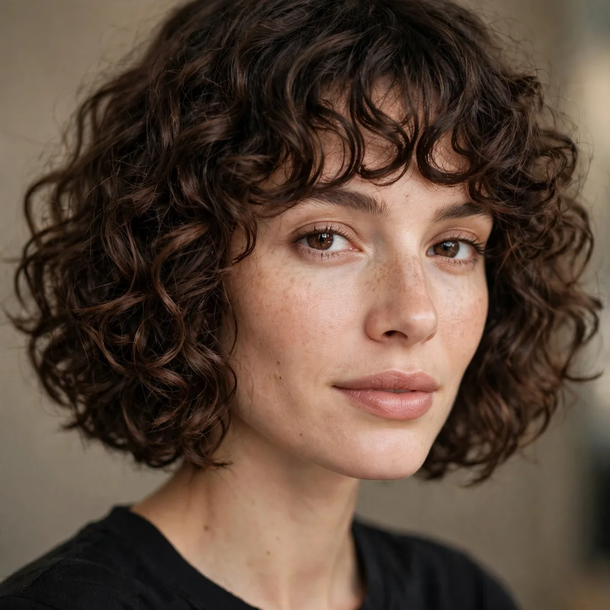 Curly bob with curly bangs