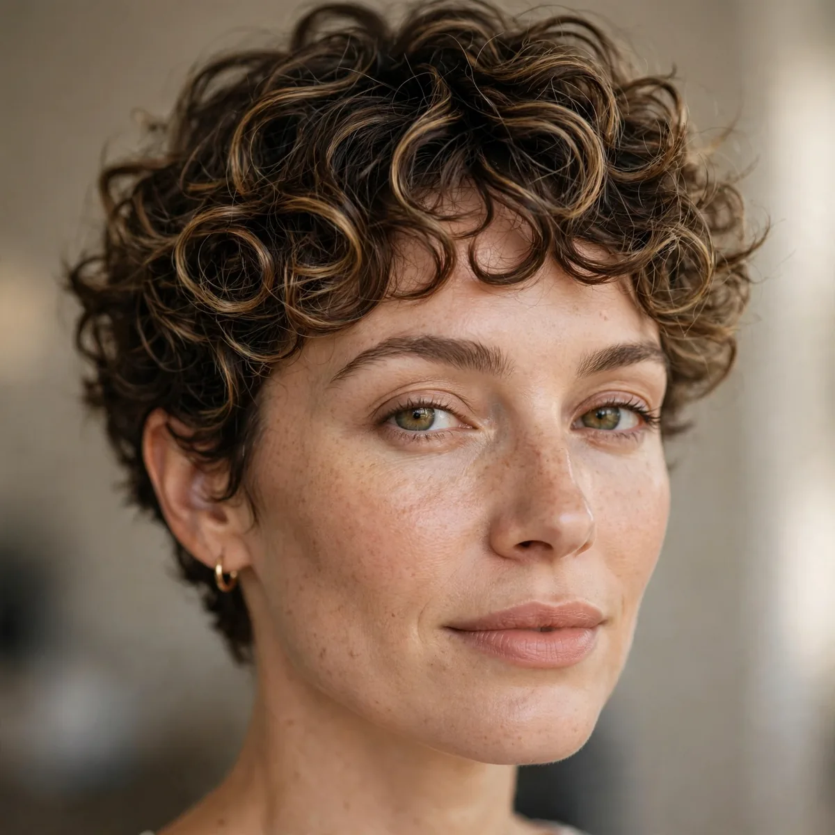 Short curly cut with dimensional highlights