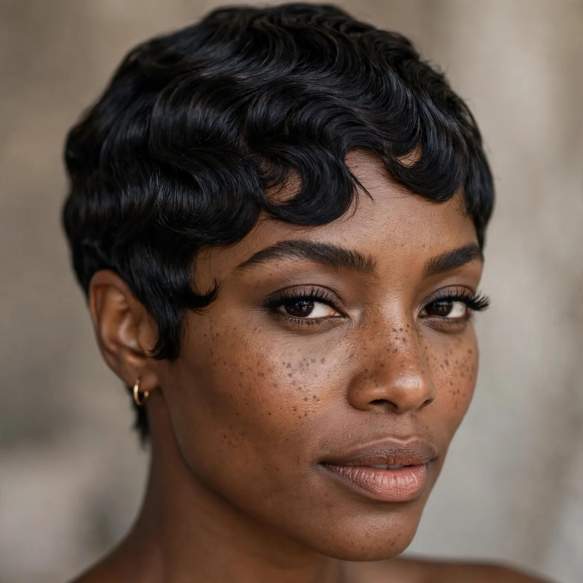 Pixie haircut with vintage finger waves on a Black woman