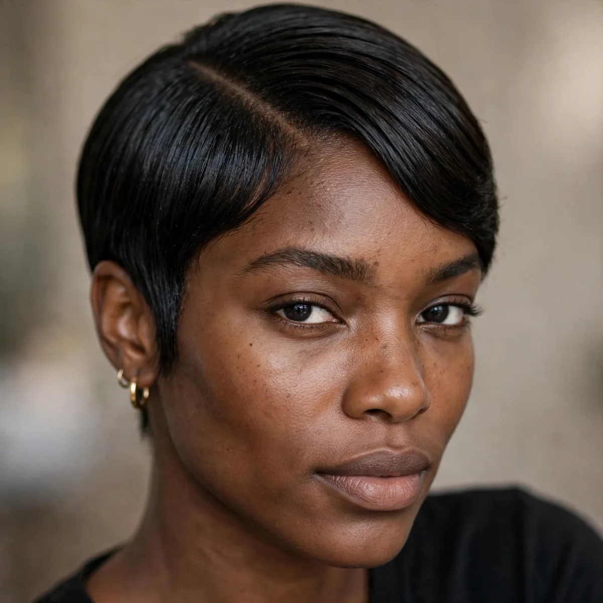 Sleek side-part pixie on a Black woman