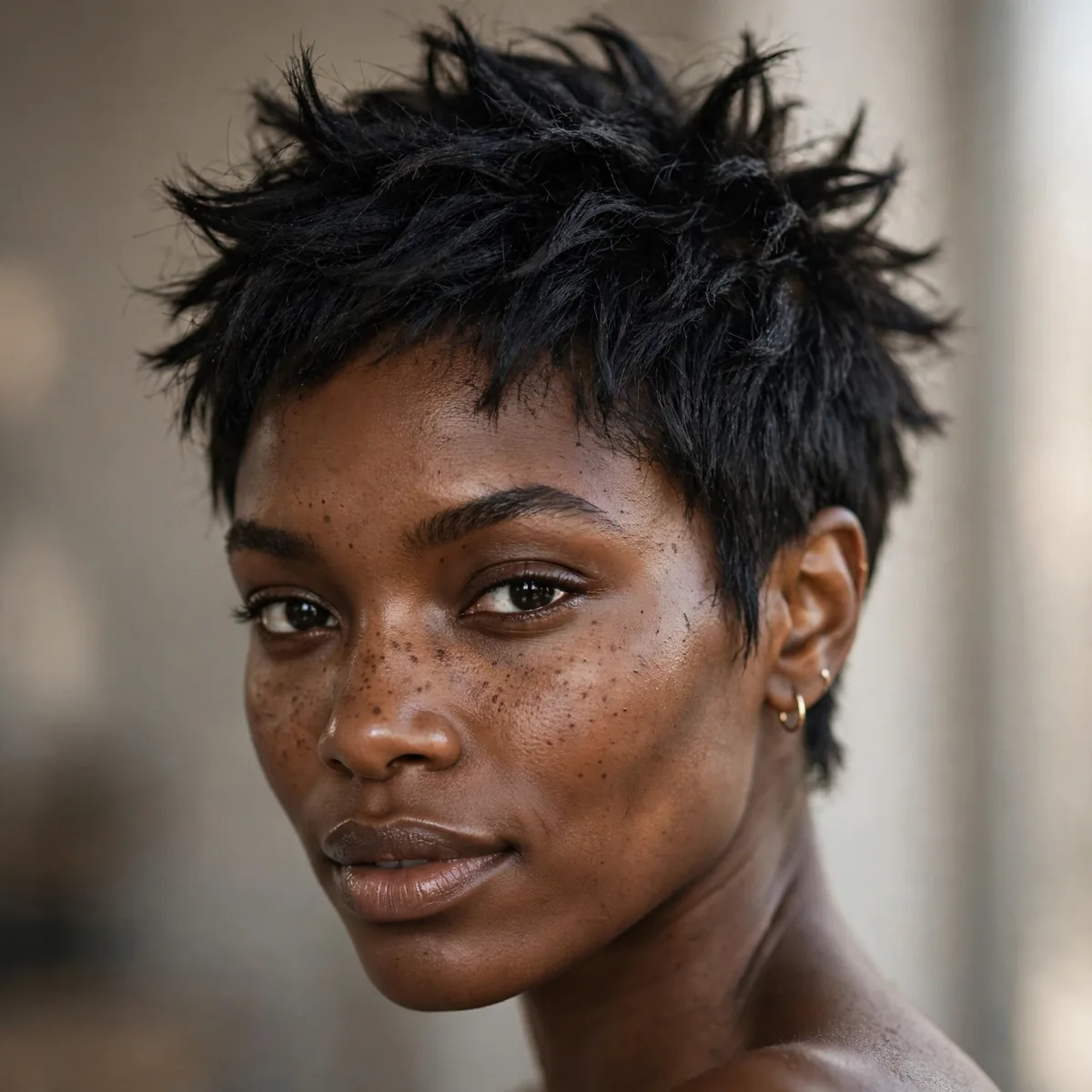 Short spiky textured haircut on a Black woman