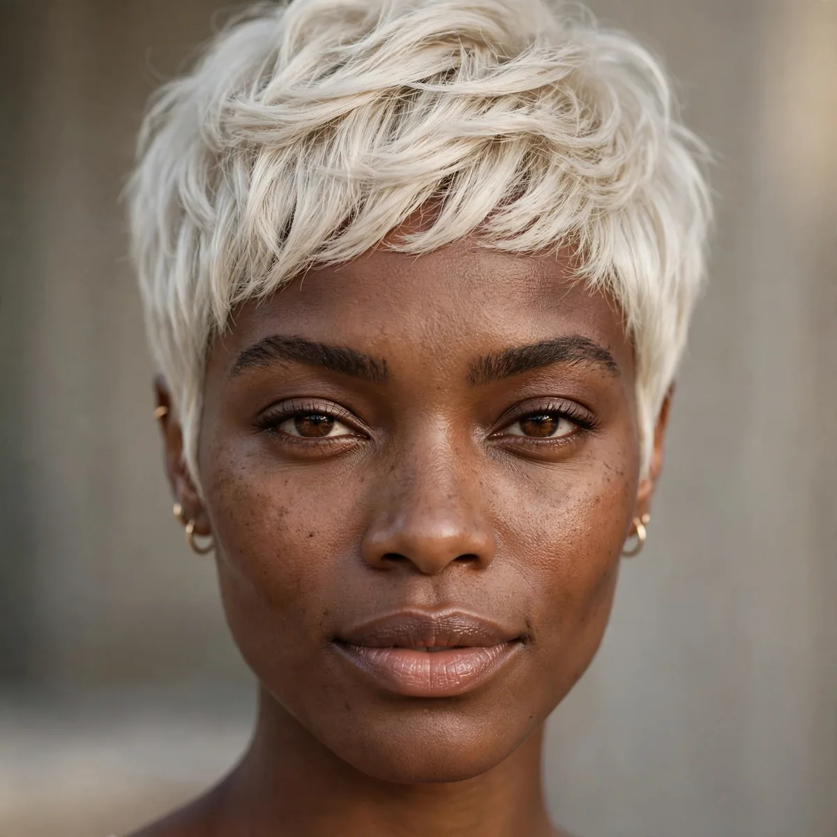 Platinum blonde pixie on a Black woman
