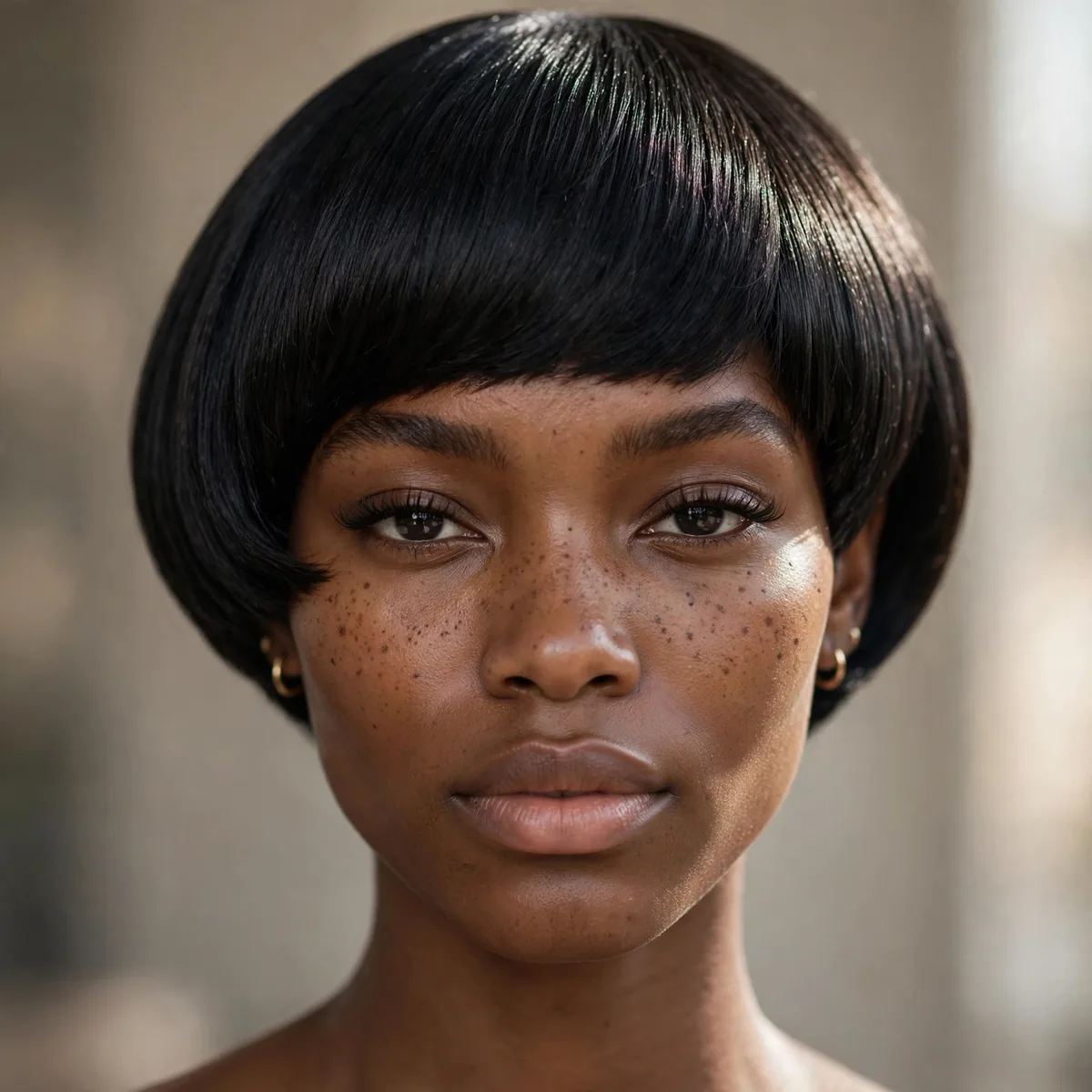 Sharp sculpted short bob on a Black woman