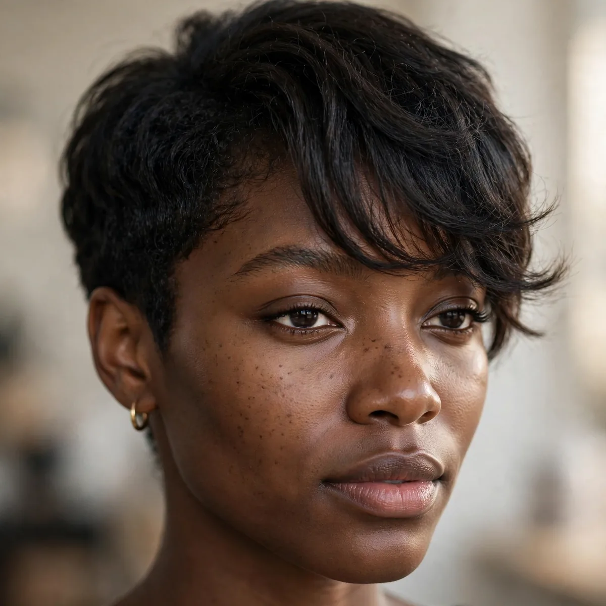 Short crop with side-swept bangs on a Black woman