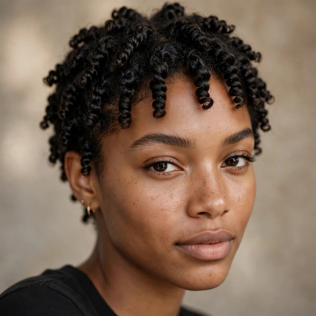 Short twist-out crop with defined coils