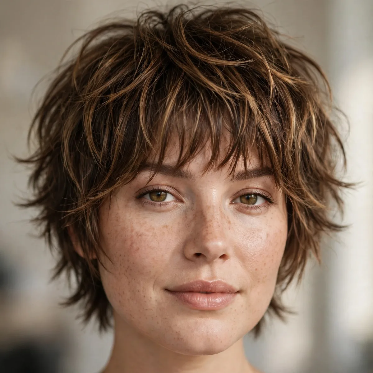 Layered shaggy short cut on round face