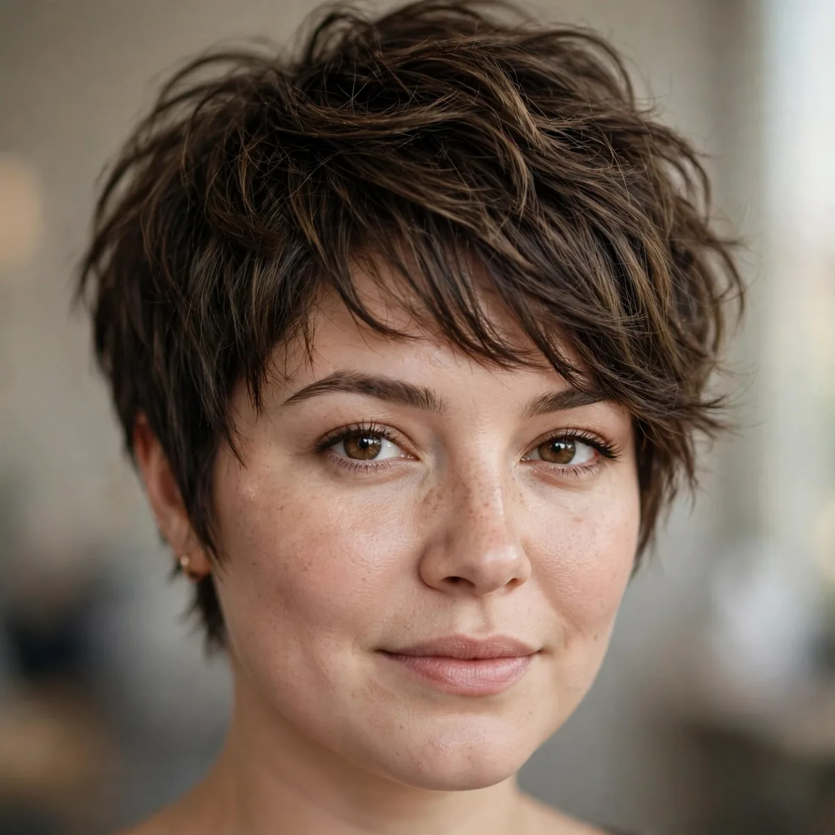 Textured pixie bob on round face