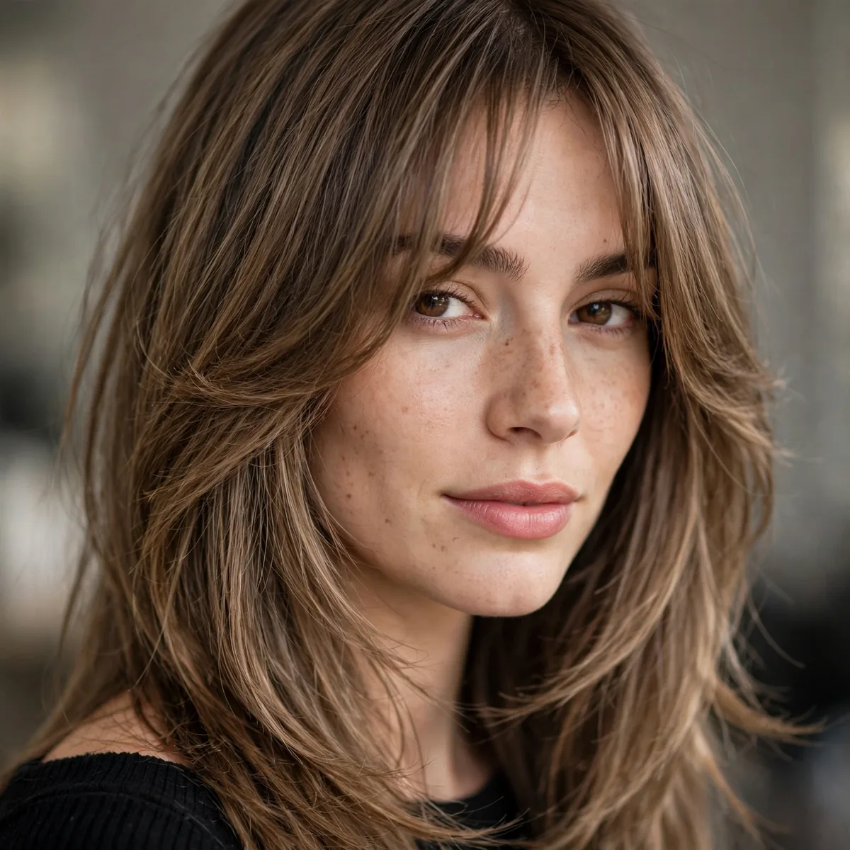 Long layered cut with curtain bangs