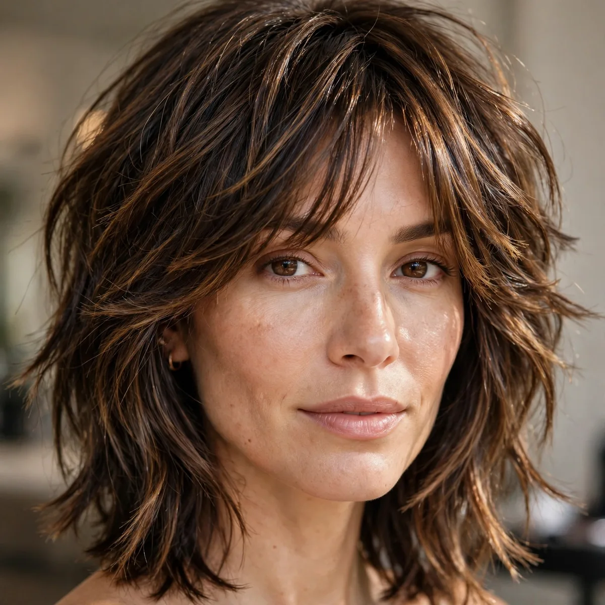 Salon-style photo of choppy textured layers with bold choppy separation and healthy shine