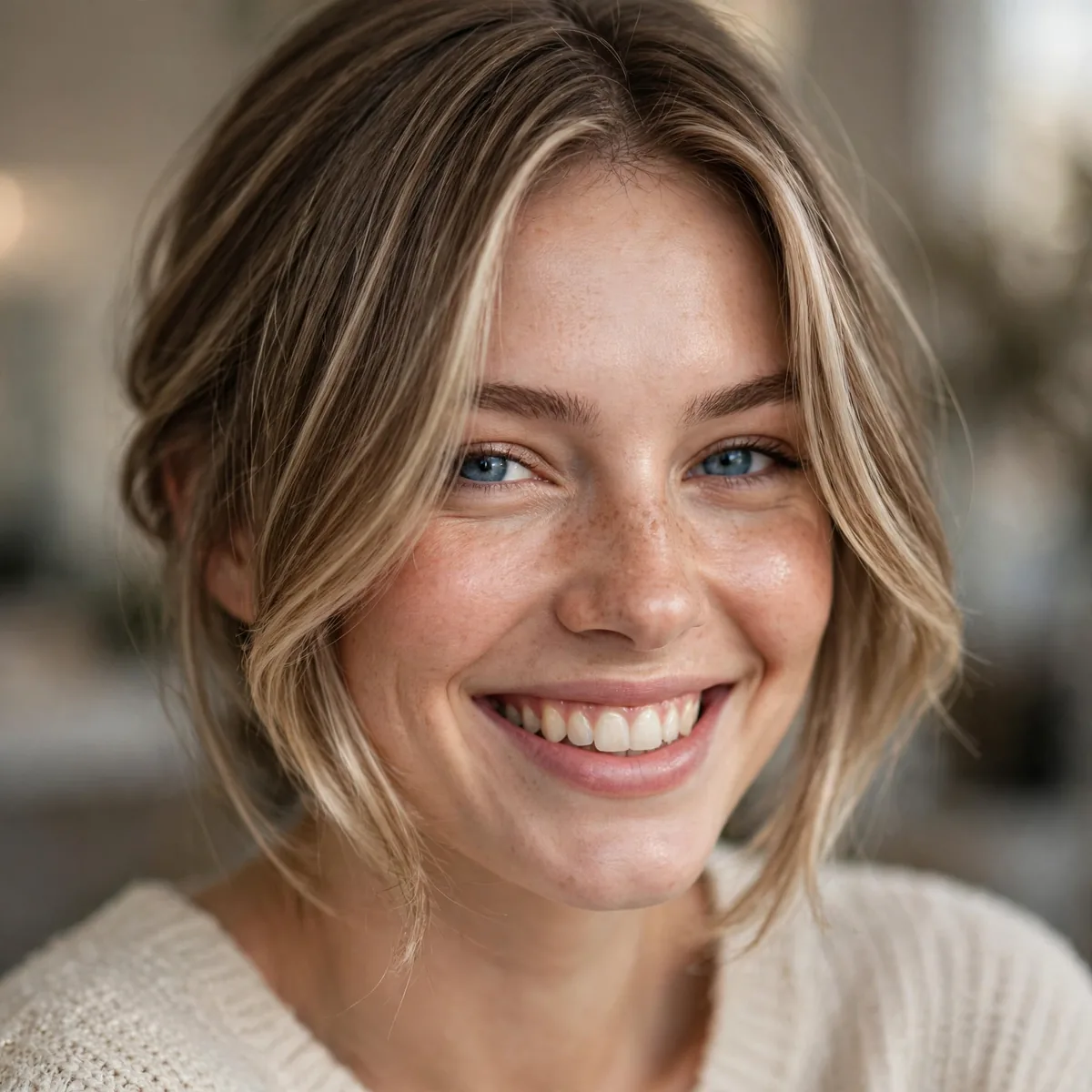 Woman smiling with soft face-framing layers, cheekbone-skimming front pieces visible in daylight