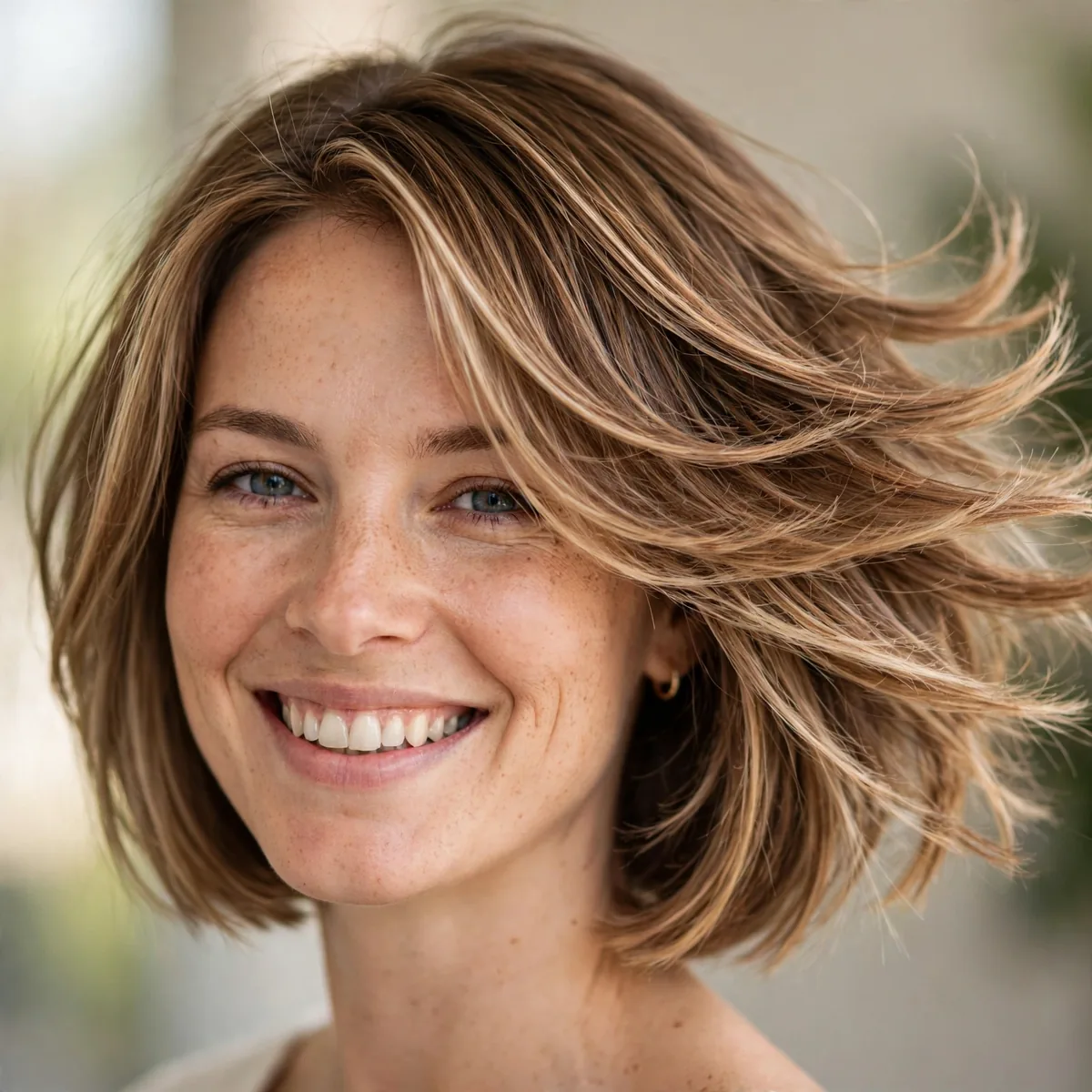 Woman smiling with layered bob with movement, swinging interior layers visible in daylight