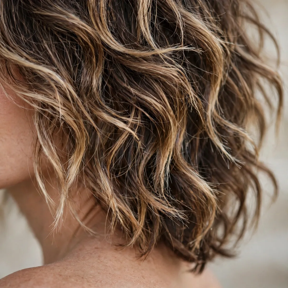 Close-up of wavy tousled layers showing beachy tousled texture and textured ends