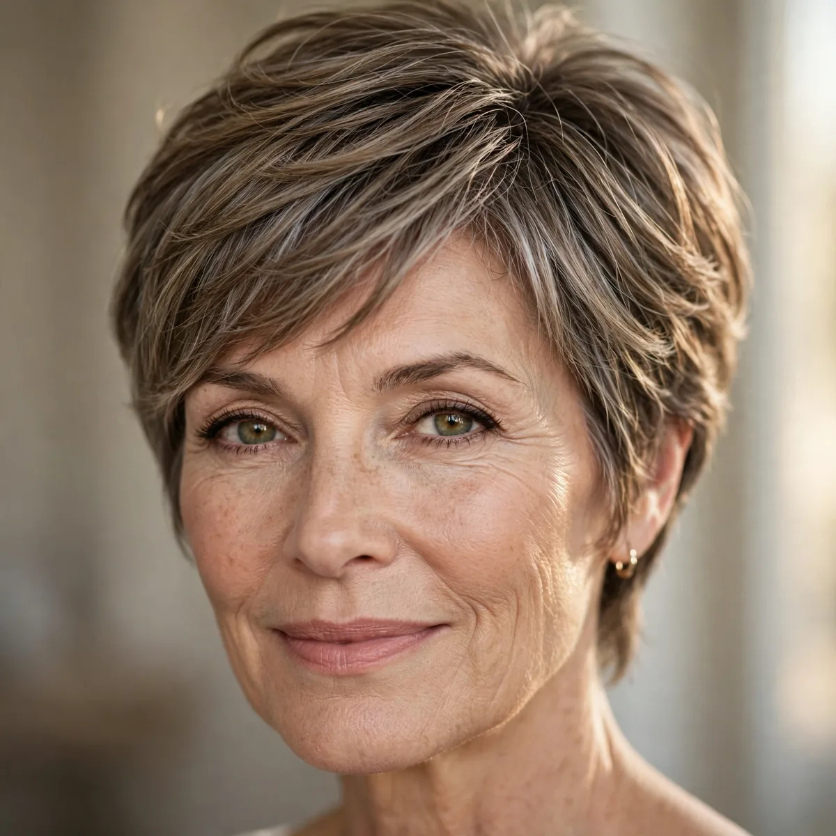 Soft layered pixie on a woman over 50