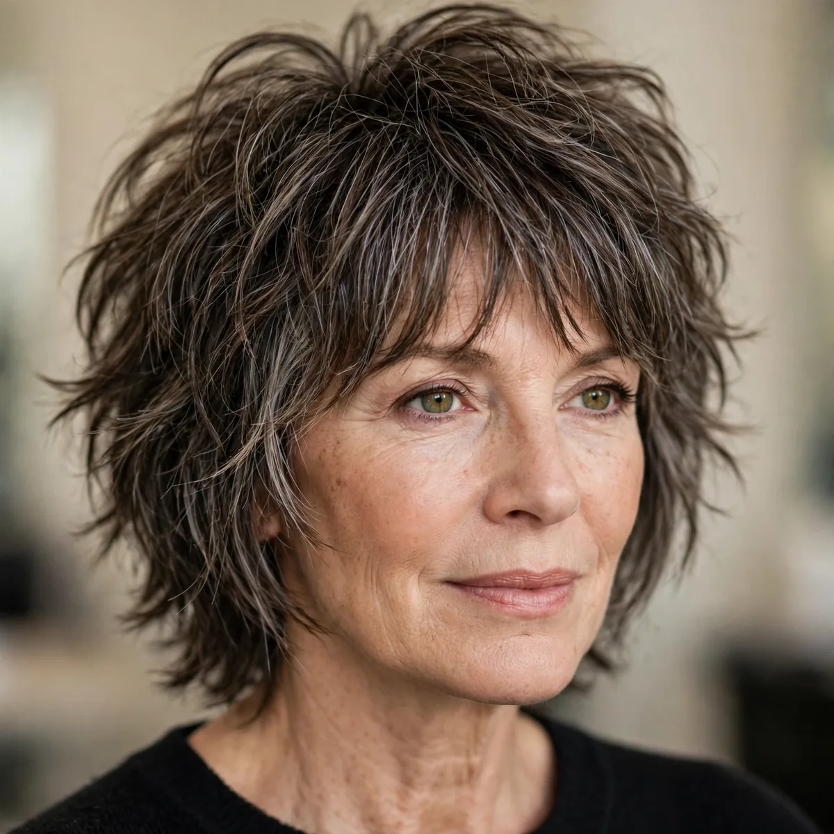 Textured shag haircut on woman over 50
